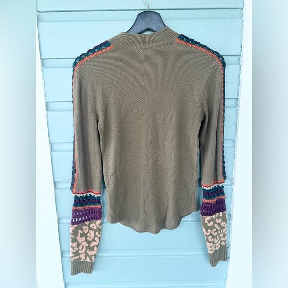 Free People Switch It Up Thermal long sleeve top olive green crochet sleeve boho - Picture 9 of 11